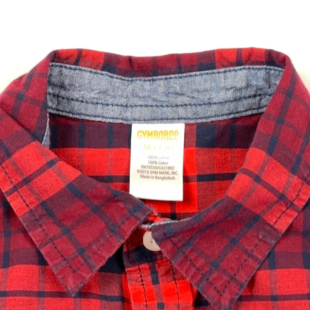 Gymboree Boys Red Navy Blue Plaid Long Sleeve Button Down Shirt Size M 7-8